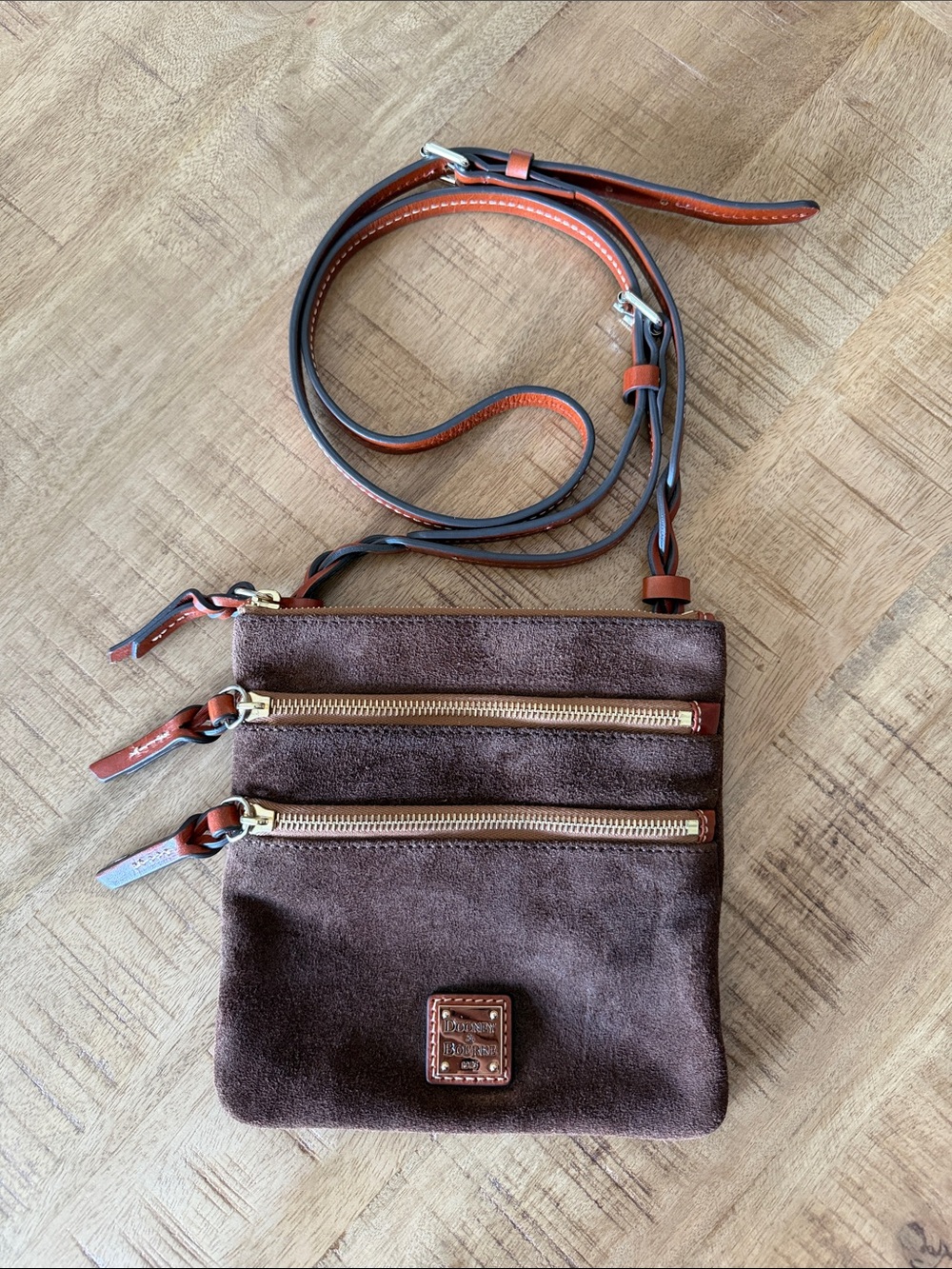 Dooney & Bourke Brown Suede Crossbody with Tan Trim